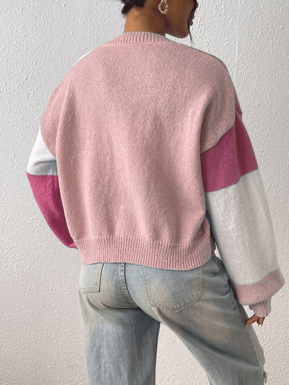 Cropped Open Front Cardigan with Colour Block Panels
