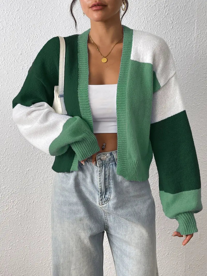 Cropped Open Front Cardigan with Colour Block Panels