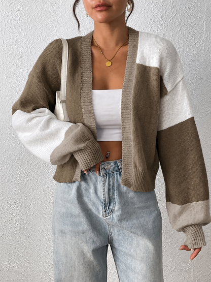 Cropped Open Front Cardigan with Colour Block Panels