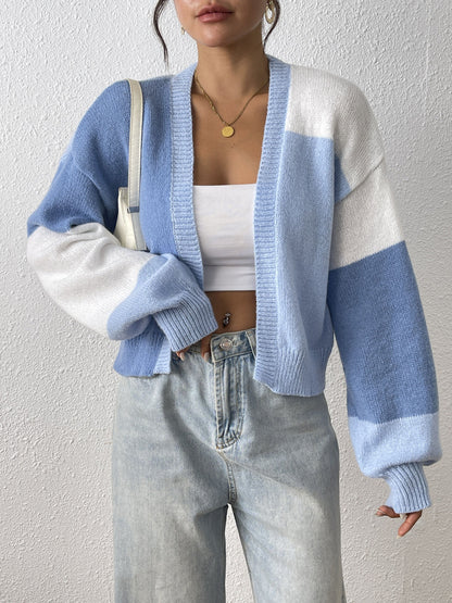 Cropped Open Front Cardigan with Colour Block Panels