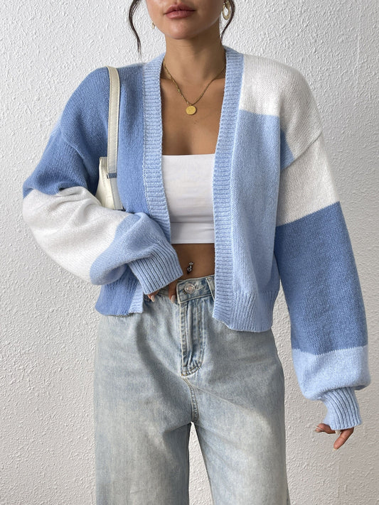 Cropped Open Front Cardigan with Colour Block Panels