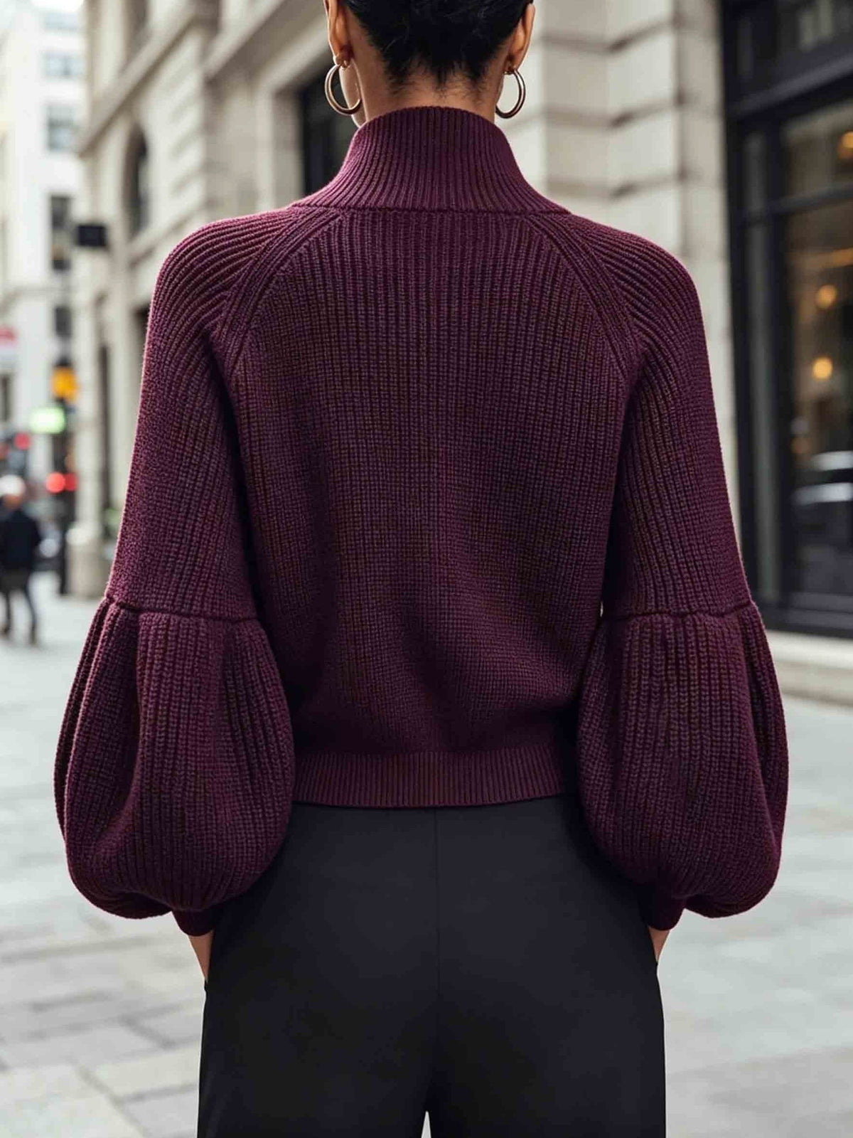 Cropped Zip-Up Knit Cardigan with Puff Sleeves and Stand Collar