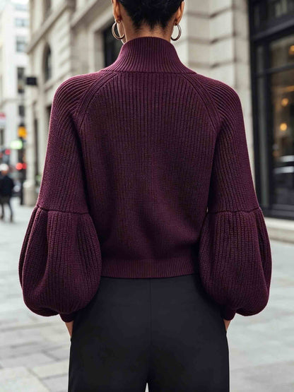 Cropped Zip-Up Knit Cardigan with Puff Sleeves and Stand Collar