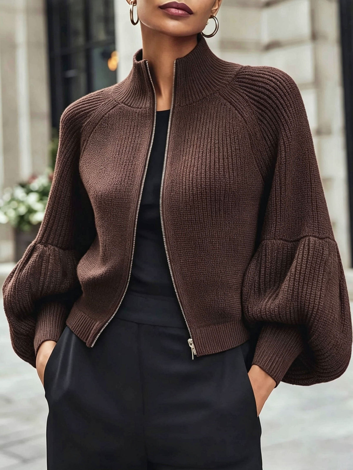 Cropped Zip-Up Knit Cardigan with Puff Sleeves and Stand Collar