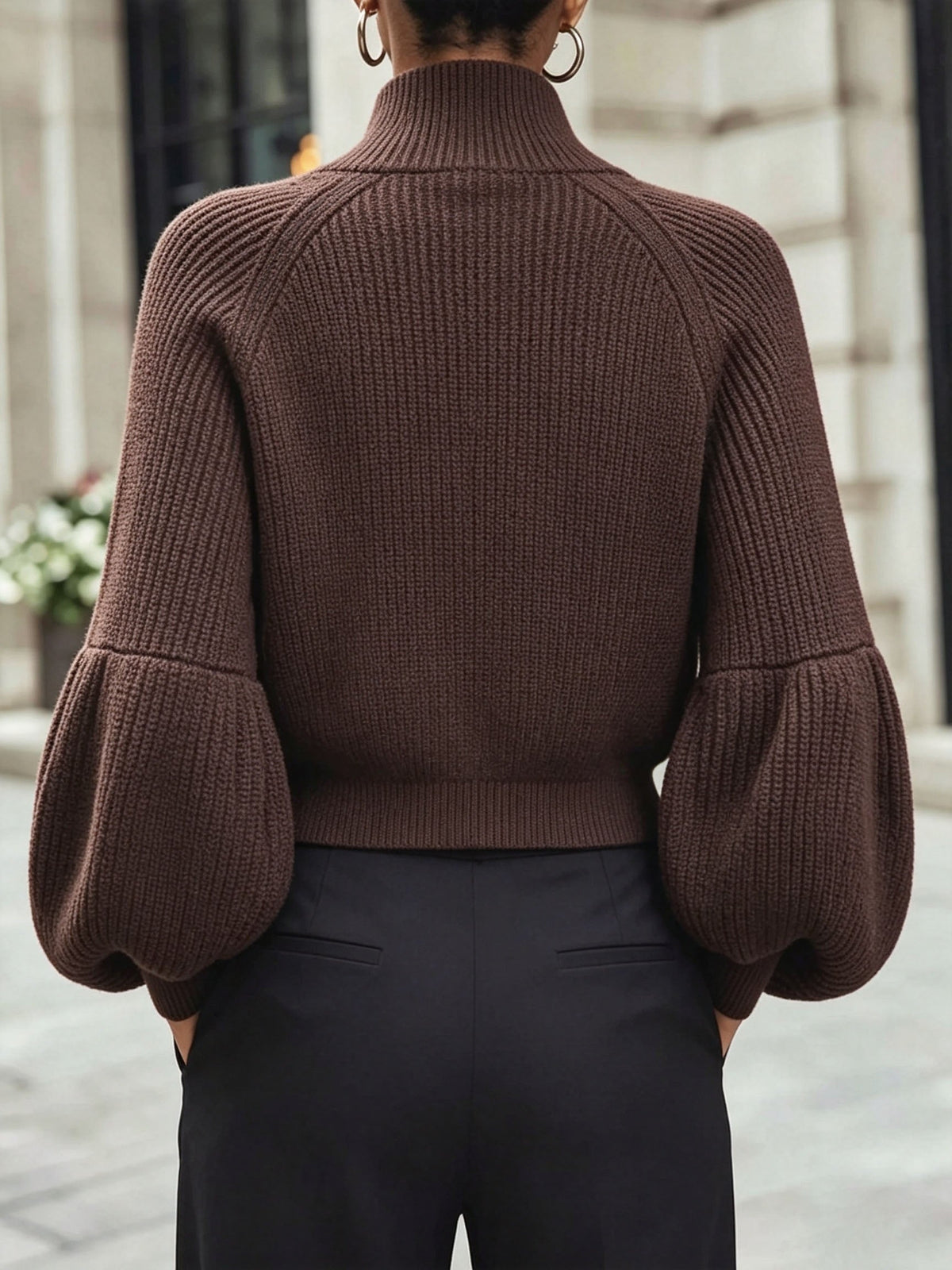 Cropped Zip-Up Knit Cardigan with Puff Sleeves and Stand Collar