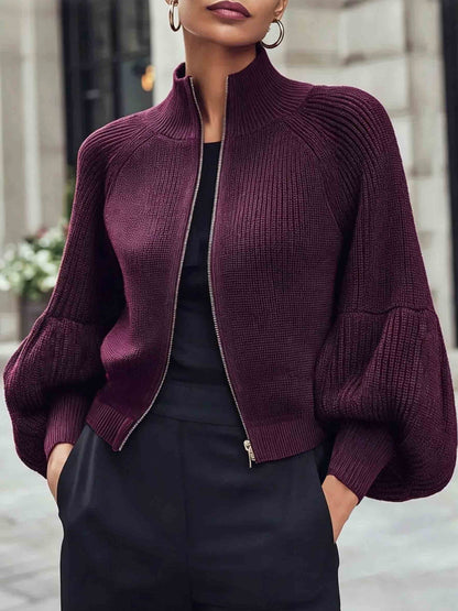 Cropped Zip-Up Knit Cardigan with Puff Sleeves and Stand Collar