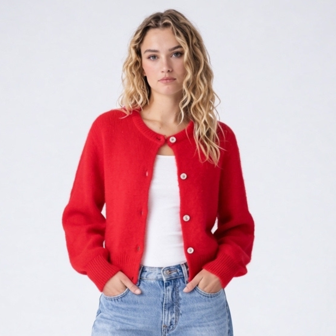 Cropped Cardigan with Textured Knit and Pearl Button Front