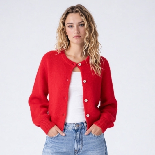 Cropped Cardigan with Textured Knit and Pearl Button Front