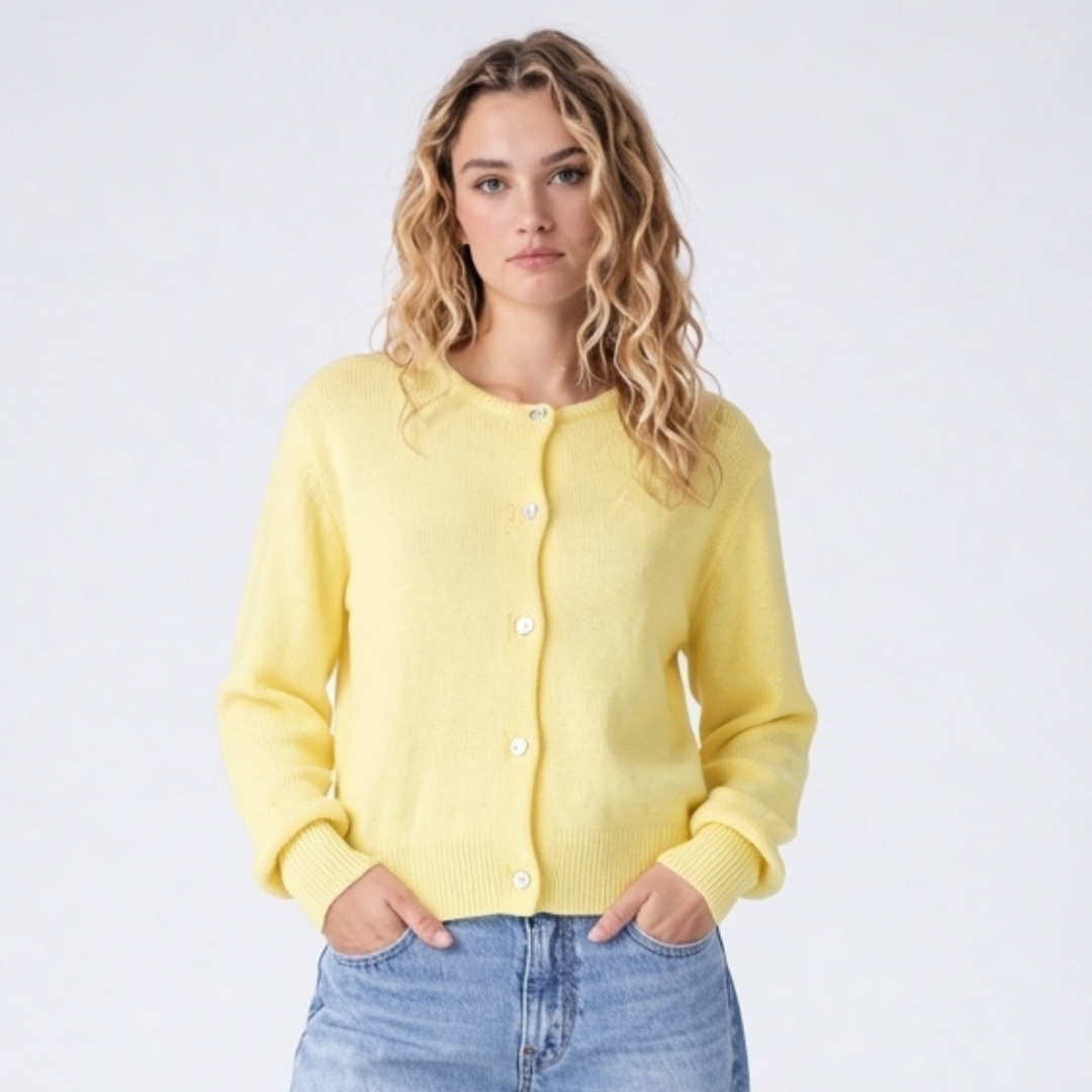 Cropped Cardigan with Textured Knit and Pearl Button Front