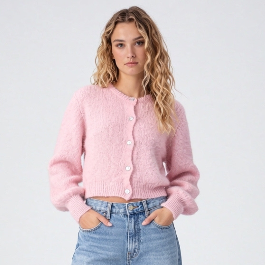 Cropped Cardigan with Textured Knit and Pearl Button Front