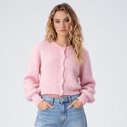 Cropped Cardigan with Textured Knit and Pearl Button Front