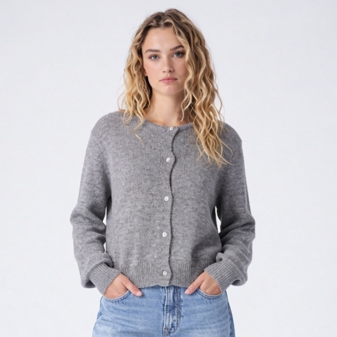 Cropped Cardigan with Textured Knit and Pearl Button Front