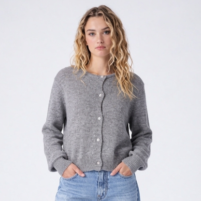 Cropped Cardigan with Textured Knit and Pearl Button Front