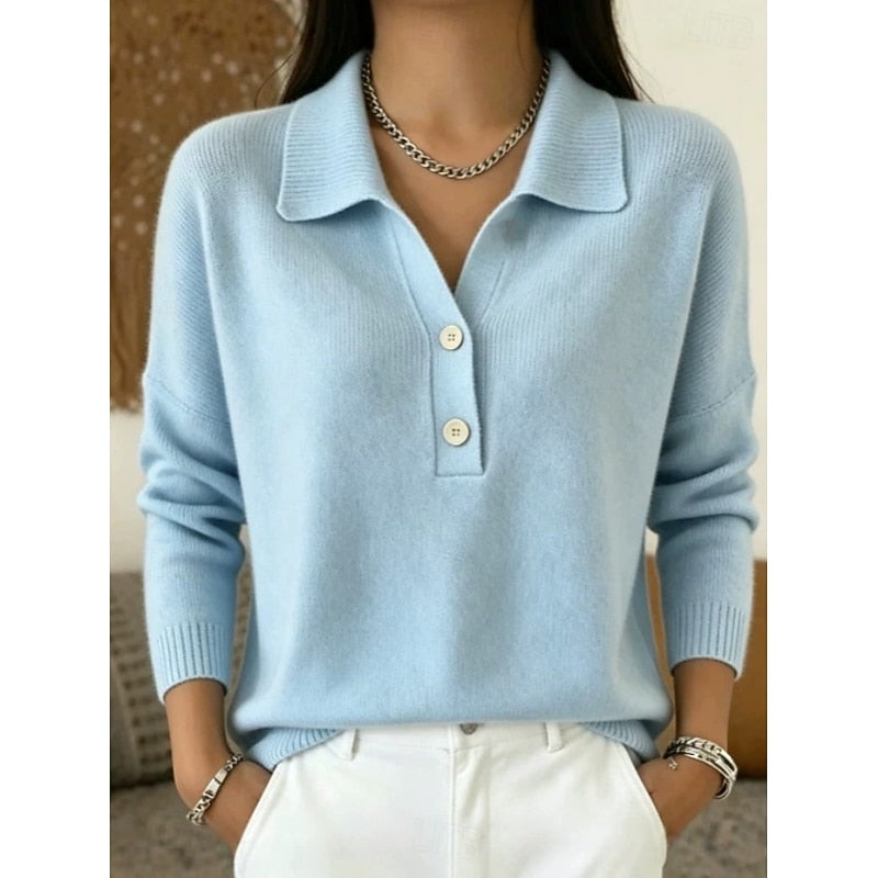 Soft Cashmere-Feel Polo Collar Sweater with Button Placket