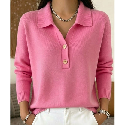 Soft Cashmere-Feel Polo Collar Sweater with Button Placket