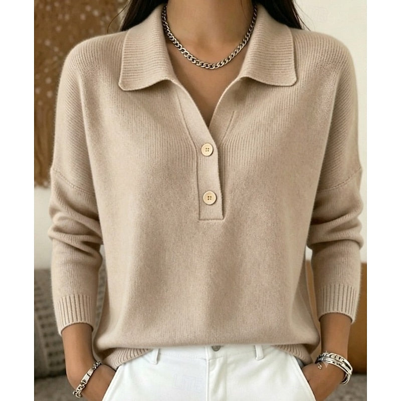 Soft Cashmere-Feel Polo Collar Sweater with Button Placket