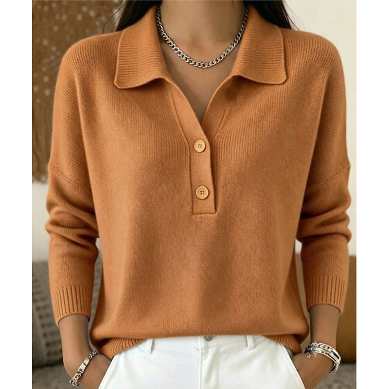 Soft Cashmere-Feel Polo Collar Sweater with Button Placket