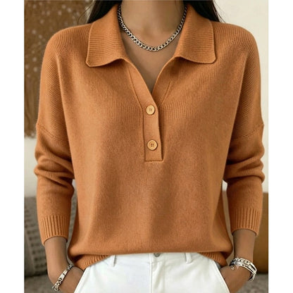Soft Cashmere-Feel Polo Collar Sweater with Button Placket