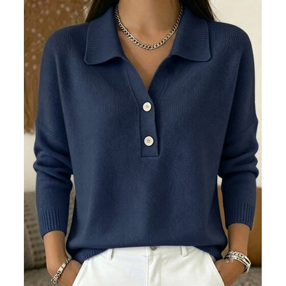 Soft Cashmere-Feel Polo Collar Sweater with Button Placket