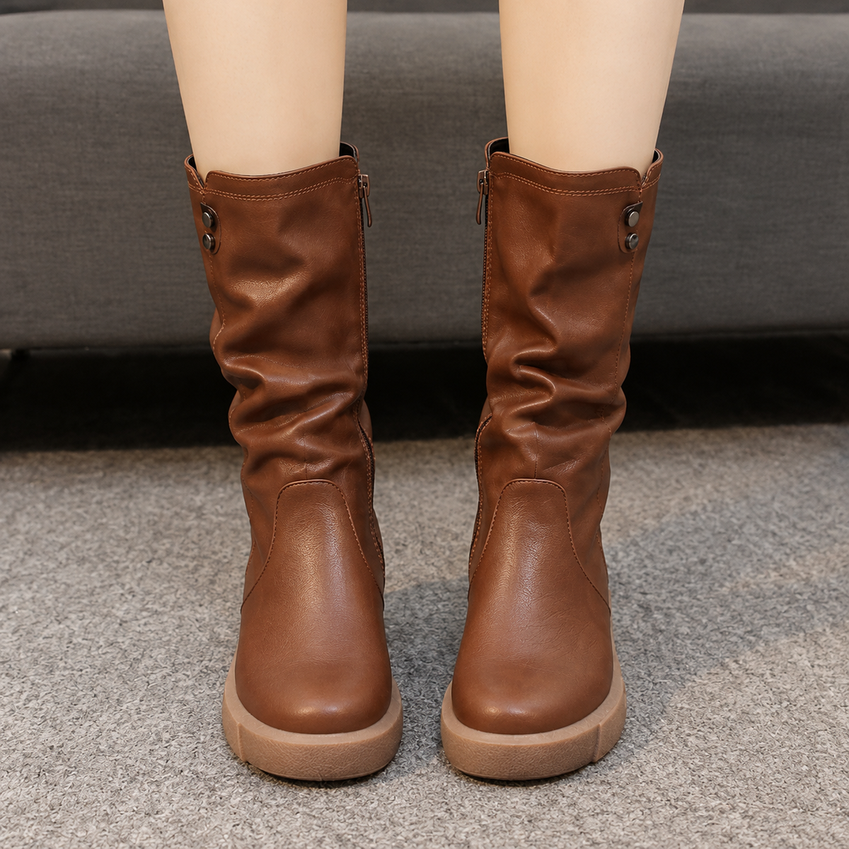 Flat Leather Mid Calf Boots with Slouched Shaft and Side Zip