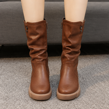 Flat Leather Mid Calf Boots with Slouched Shaft and Side Zip