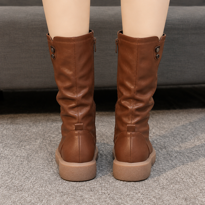 Flat Leather Mid Calf Boots with Slouched Shaft and Side Zip