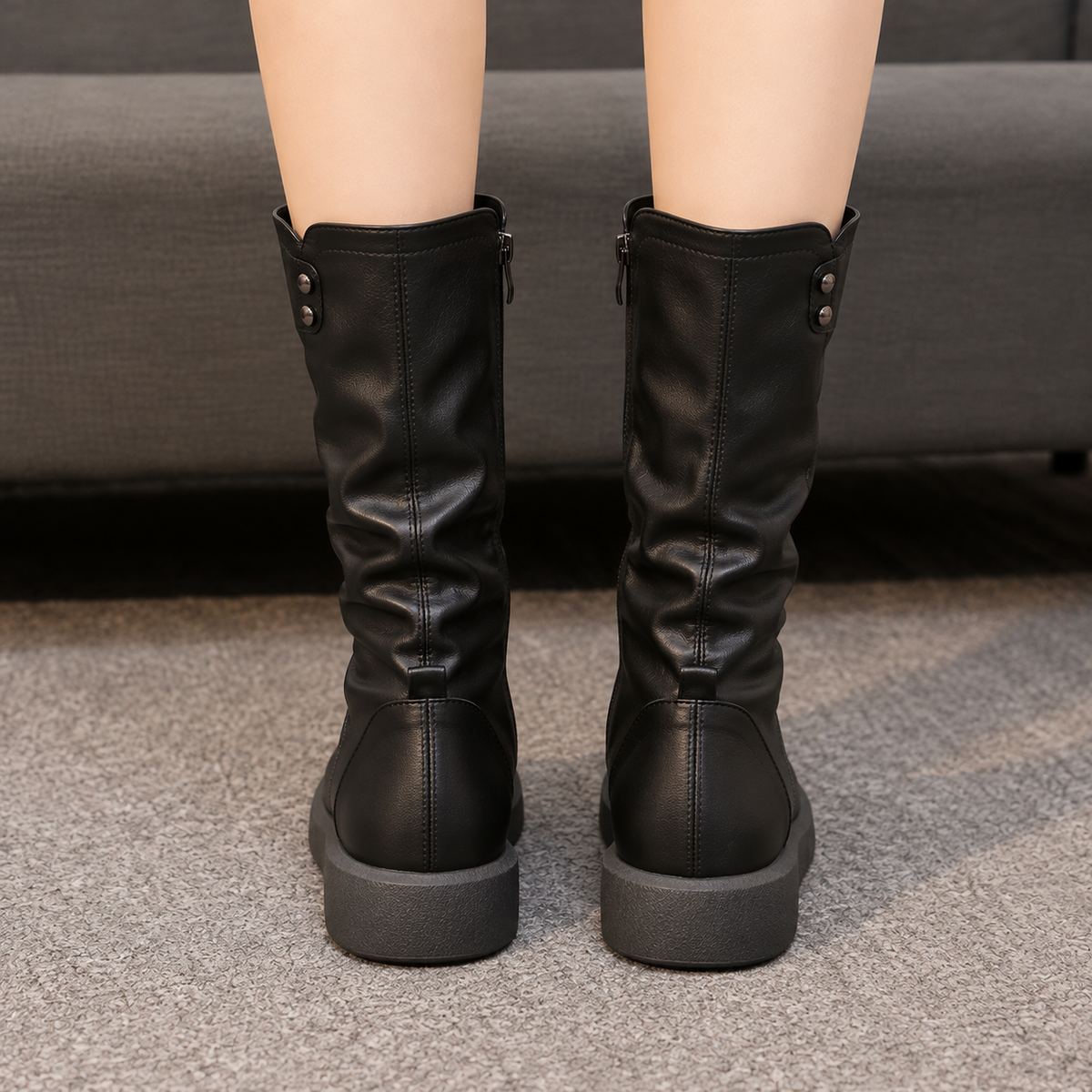 Flat Leather Mid Calf Boots with Slouched Shaft and Side Zip