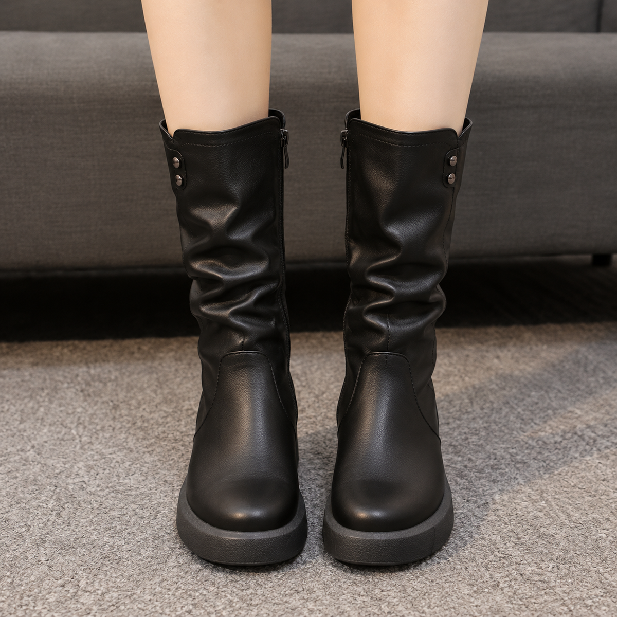 Flat Leather Mid Calf Boots with Slouched Shaft and Side Zip