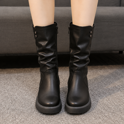 Flat Leather Mid Calf Boots with Slouched Shaft and Side Zip