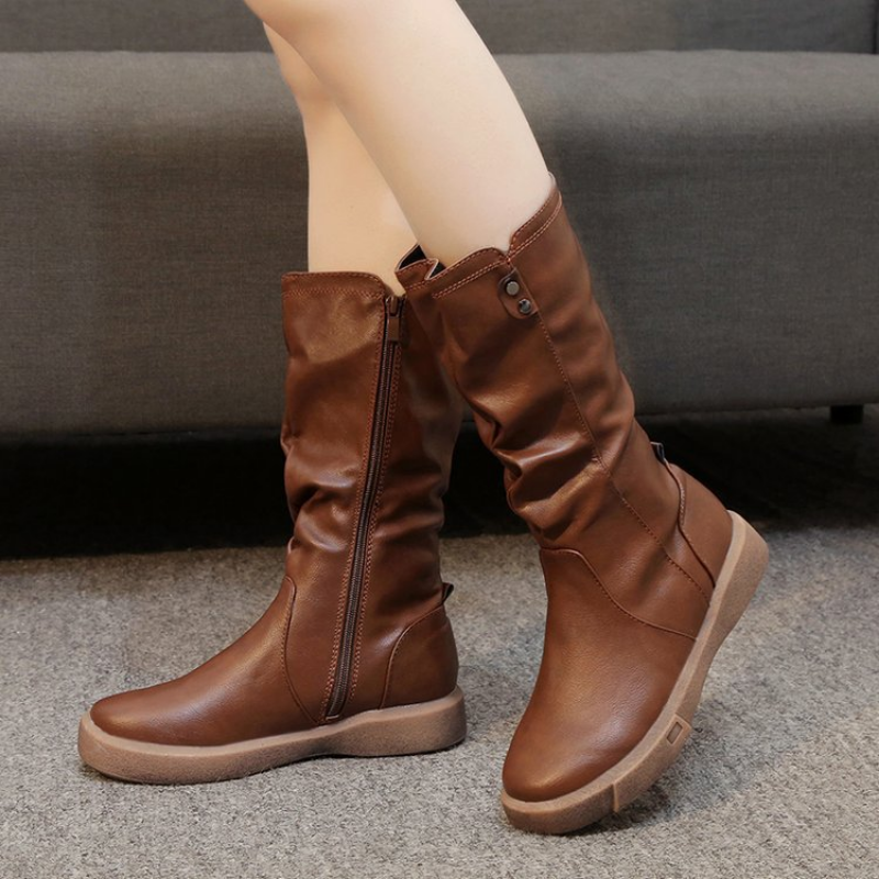 Flat Leather Mid Calf Boots with Slouched Shaft and Side Zip