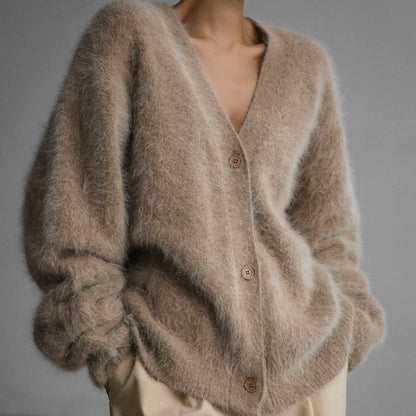Fluffy Oversized Cardigan with V-Neckline and Button Front
