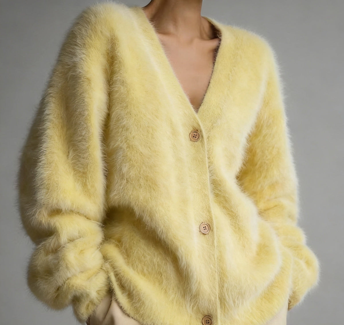 Fluffy Oversized Cardigan with V-Neckline and Button Front