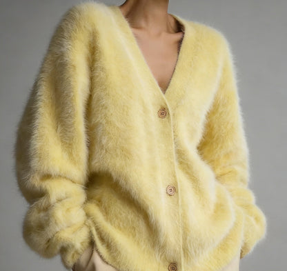 Fluffy Oversized Cardigan with V-Neckline and Button Front