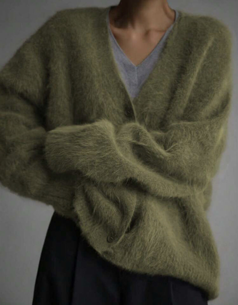 Fluffy Oversized Cardigan with V-Neckline and Button Front