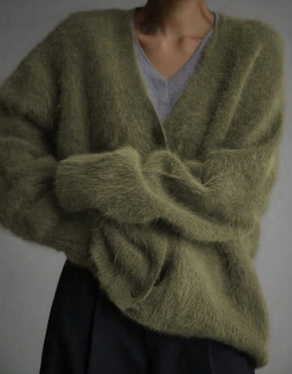 Fluffy Oversized Cardigan with V-Neckline and Button Front