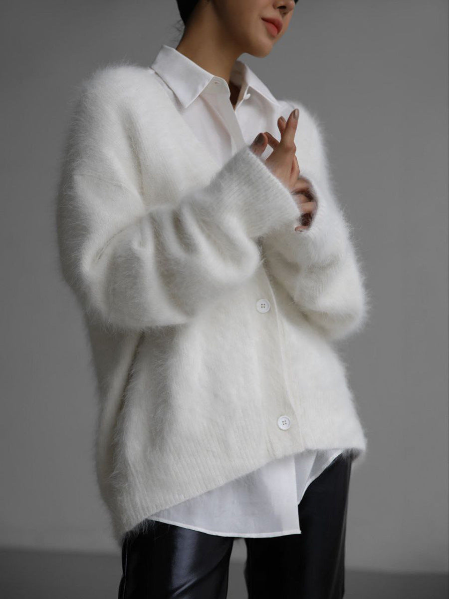 Fluffy Oversized Cardigan with V-Neckline and Button Front