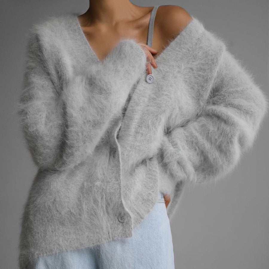 Fluffy Oversized Cardigan with V-Neckline and Button Front
