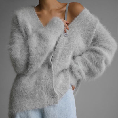 Fluffy Oversized Cardigan with V-Neckline and Button Front