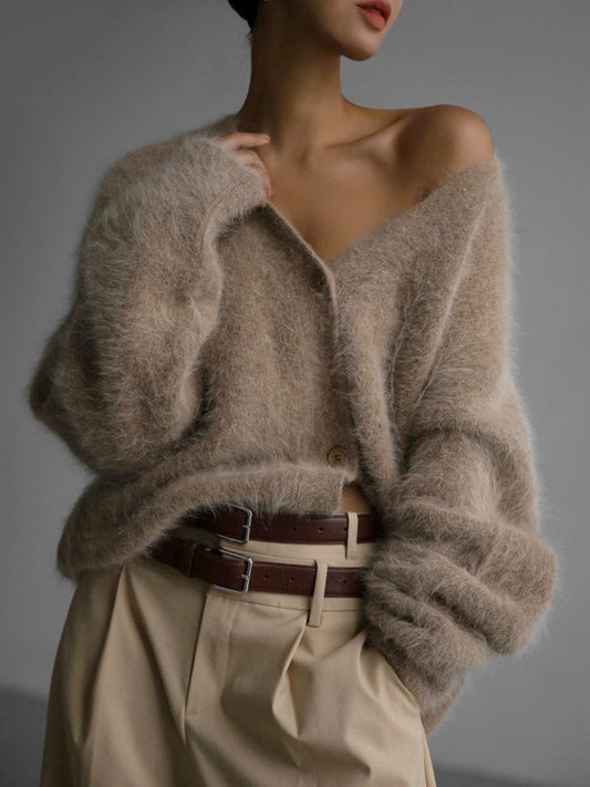 Fluffy Oversized Cardigan with V-Neckline and Button Front