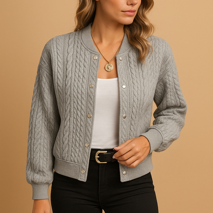 Grey Cropped Cable Knit Cardigan with Gold Snap Buttons