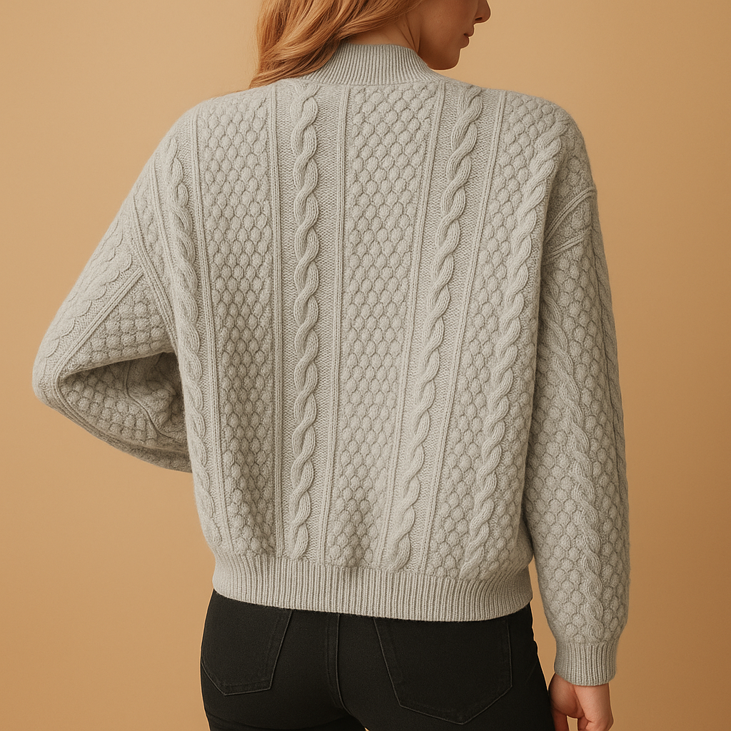 Grey Cropped Cable Knit Cardigan with Gold Snap Buttons
