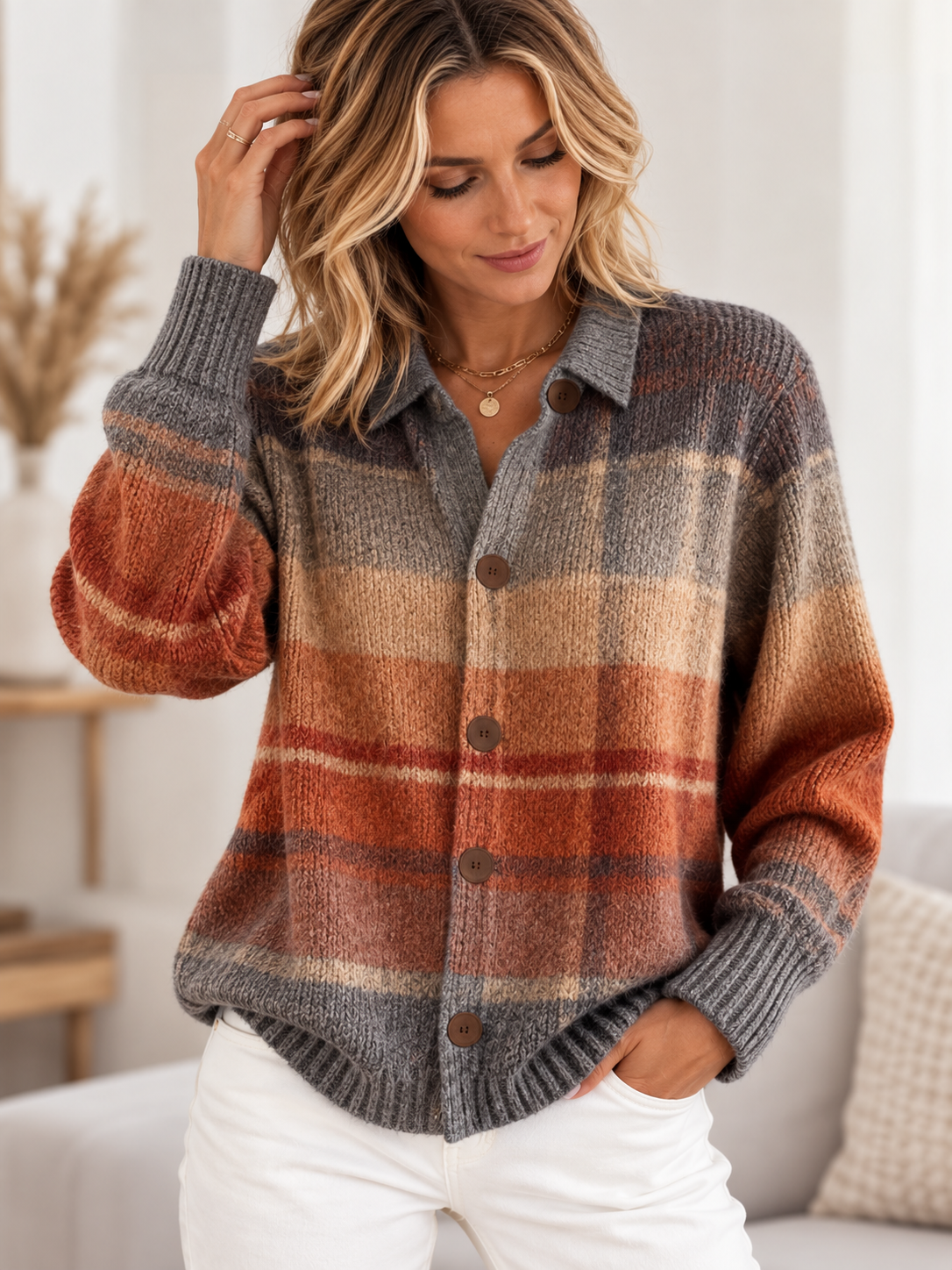 Heritage Plaid Cardigan with Collar and Wooden Buttons