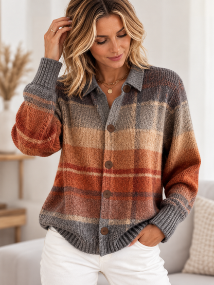 Heritage Plaid Cardigan with Collar and Wooden Buttons