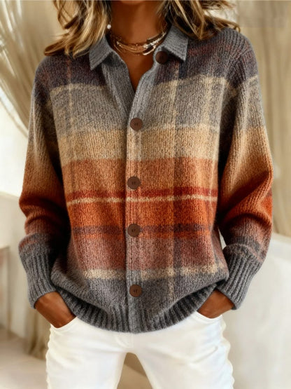 Heritage Plaid Cardigan with Collar and Wooden Buttons