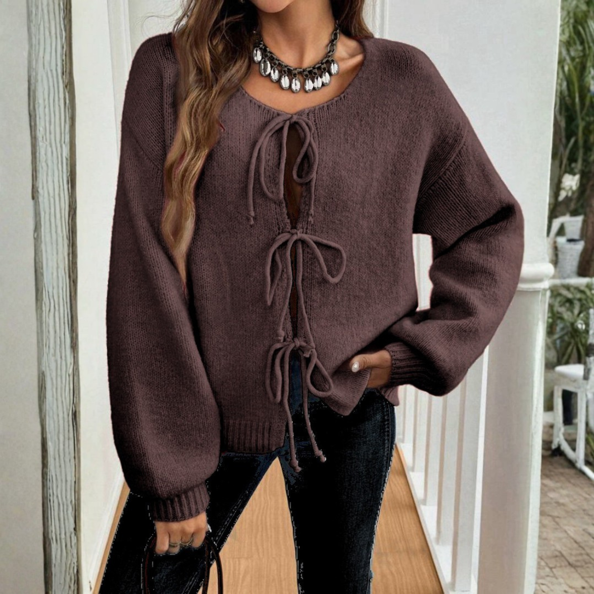 Knit Cardigan with Triple Bow Front and Puff Sleeves