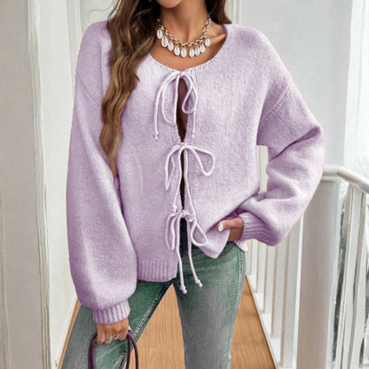 Knit Cardigan with Triple Bow Front and Puff Sleeves