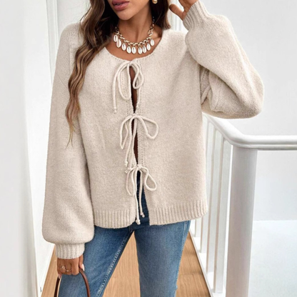 Knit Cardigan with Triple Bow Front and Puff Sleeves