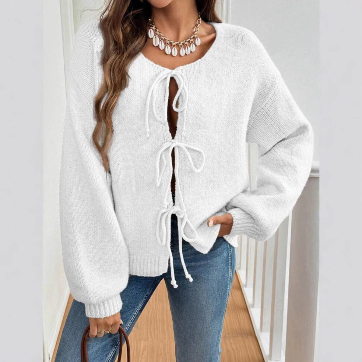 Knit Cardigan with Triple Bow Front and Puff Sleeves