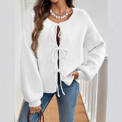 Knit Cardigan with Triple Bow Front and Puff Sleeves