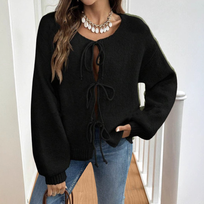 Knit Cardigan with Triple Bow Front and Puff Sleeves